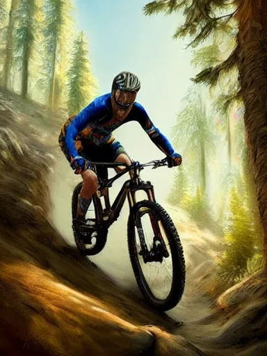 Image similar to handsome man riding a mountain bike in the wild, downhill. intricate, elegant, highly detailed, digital painting, artstation, cinematic shot, concept art, sharp focus, illustration, by justin gerard and artgerm, 8 k