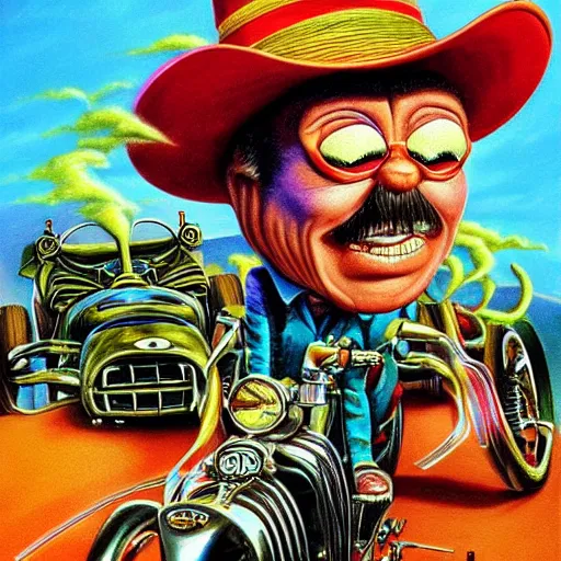 Image similar to beautiful lifelike painting of the wizard of speed and time, hyperreal detailed facial features and uv lighting, art by ed roth and basil wolverton