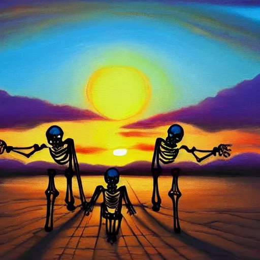 Image similar to skeleton wedding, sunset, cheerful, painting