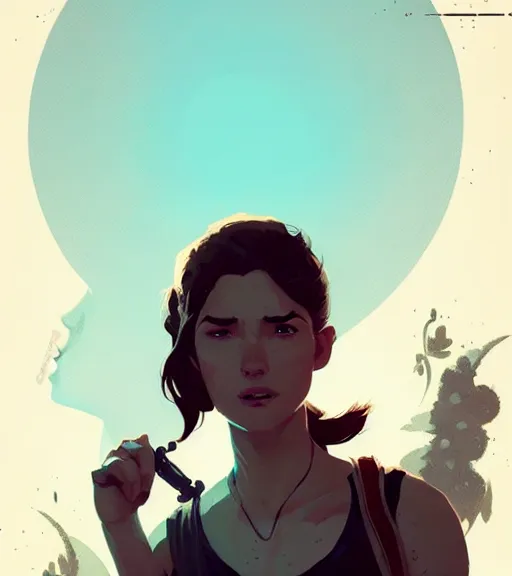 Prompt: portrait of nathan drake savinga beautiful woman by atey ghailan, by greg rutkowski, by greg tocchini, by james gilleard, by joe fenton, by kaethe butcher, dynamic lighting, gradient light blue, brown, blonde cream and white color scheme, grunge aesthetic