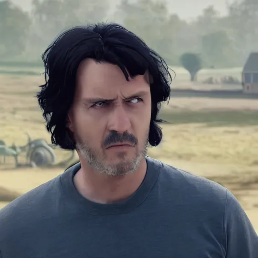 Prompt: a guy in a grey shirt with long sleeves and wearing dark blue jeans, dark black hair and no visible facial hair at all looking in the distance to see a factory plotting something ( highly detailed, and cinematic movie shot, greatly illustrated, photo - realistic, hyperrealistic image, 4 k, uhd, good quality still frame photo )