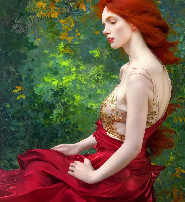 Prompt: portrait of a red haired woman wearing a green satin dress with fine gold filigree, autumn leaves falling, dramatic volumetric lighting, god rays, global illumination, soft, sharp focus, ivy, masterpiece, moss, trending on artstation, painting by Caravaggio and ruan jia and Daytoner and Alphonse Mucha