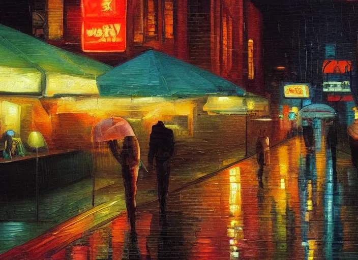 Prompt: melancholy rainy night in a cyberpunk cafe, oil on canvas