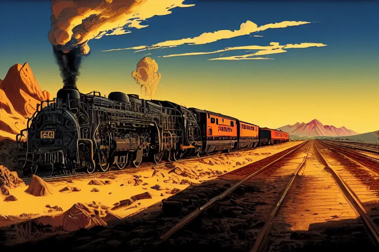 Image similar to old western freight train illustration by joe fenton and syd mead and p. craig russell and barry windsor - smith, artstation, 4 k, graphic novel, concept art, matte painting, steam engine spewing billowy white clouds of steam, beautiful idyllic mountain desert sunset background, golden hour, art nouveau