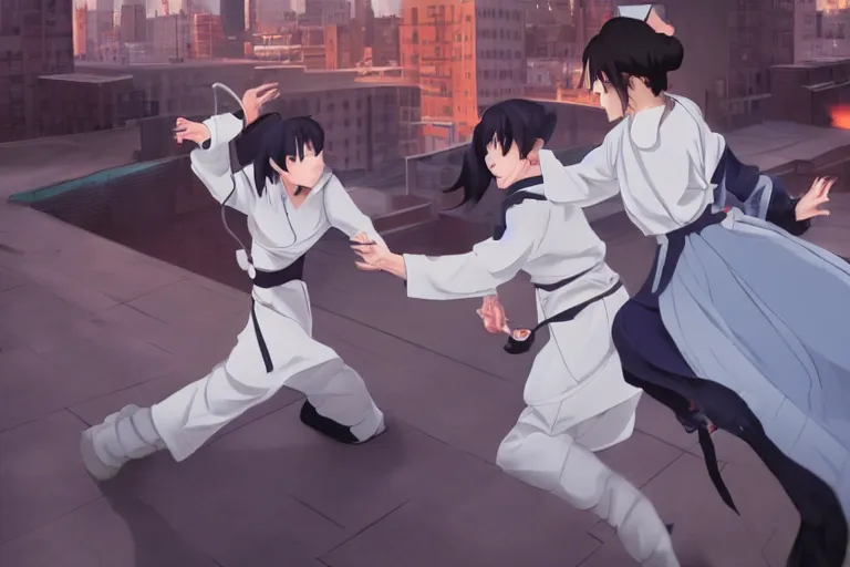 Image similar to a cute young female ninja nurse wearing white coat is attacking an old custodian on a harlem rooftop, lighting, anime scenery by Makoto shinkai