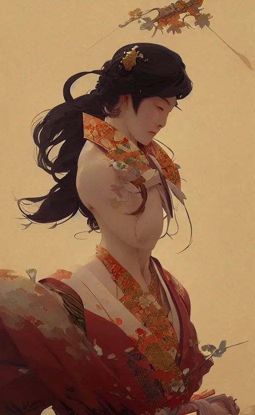 Image similar to personification of japan, highly detailed, digital painting, artstation, concept art, sharp focus, illustration, art by greg rutkowski and alphonse mucha