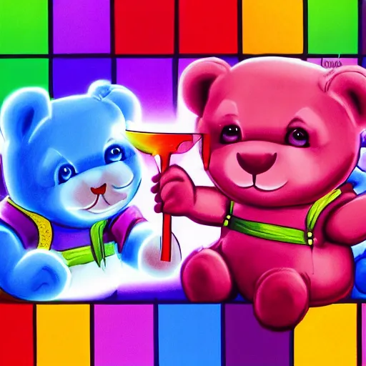 Image similar to care bears with bloody knife, digital art, rich deep colors, smooth shadows, high resolution, cinematic