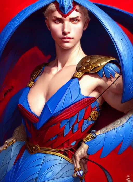 Image similar to portrait of aggressive pigeon humanoid, d & d, muscular! blue and red, fantasy, intricate, elegant, highly detailed, digital painting, artstation, concept art, smooth, sharp focus, illustration, art by artgerm and greg rutkowski and alphonse mucha