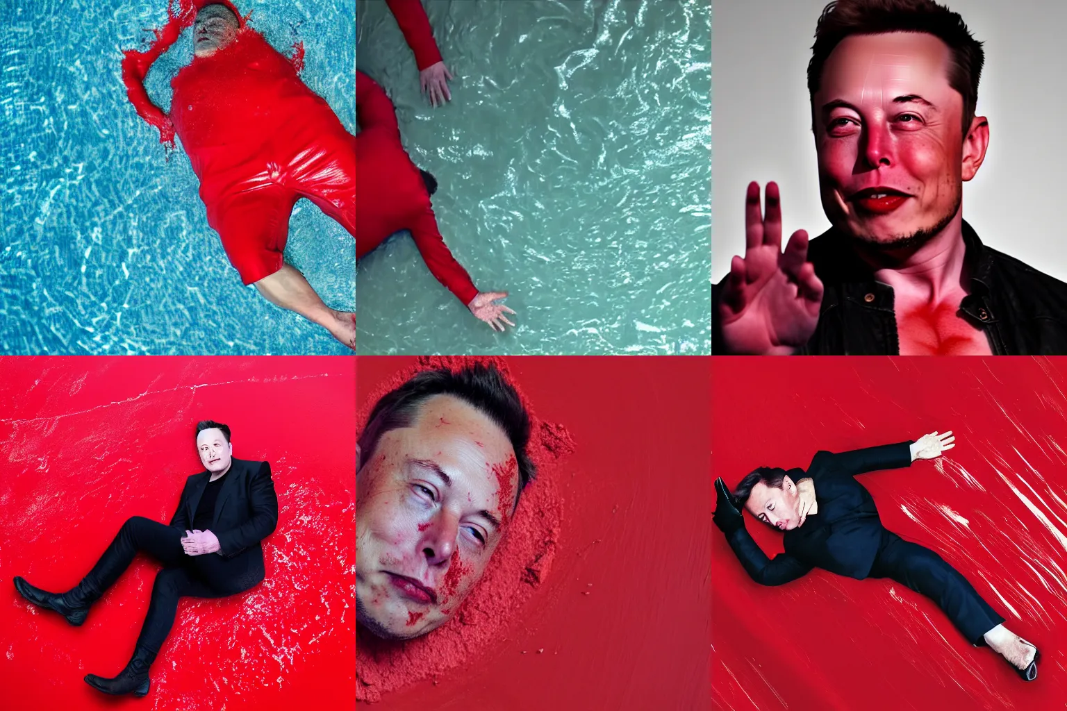 Prompt: Elon Musk lying in a pool of red paint,4k quality
