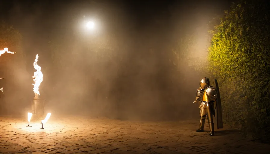 Prompt: A wide shot of two knights in armour duelling in a courtyard at evening. Torches glow in the background. Bokeh, fog, cinematography.