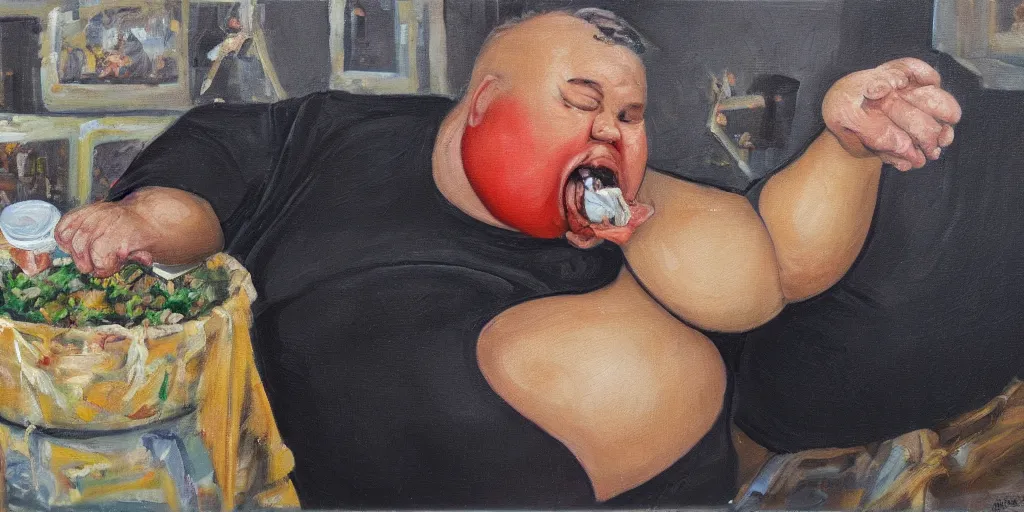 Image similar to A very detailed oil painting of an one extremly fat man eating garbage