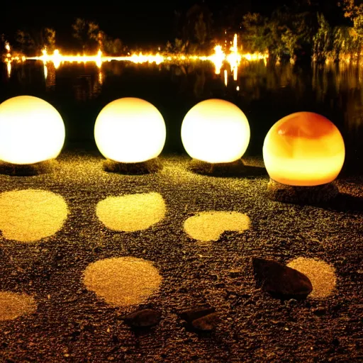 Prompt: glowing orbs over a lake in the night, wet rocks