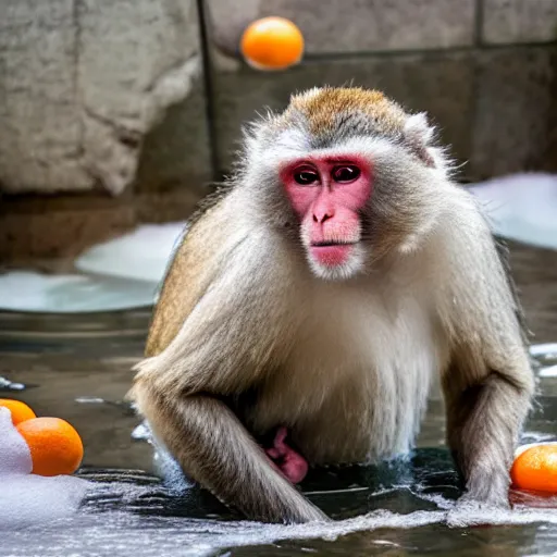 Prompt: a Japanese macaque in a snowy hot spring, oranges floating in the water, early morning