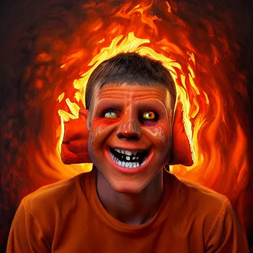 Image similar to a hyper realistic painting of a young fire - man, all face covered with a fire, coherent symmetrical eyes, cunning smile, by jeffrey smith, by andrea kowch, by steve henderson, masterpiece, trending on artstation, sharp, details, hyper - detailed, hd, hdr, 4 k, 8 k