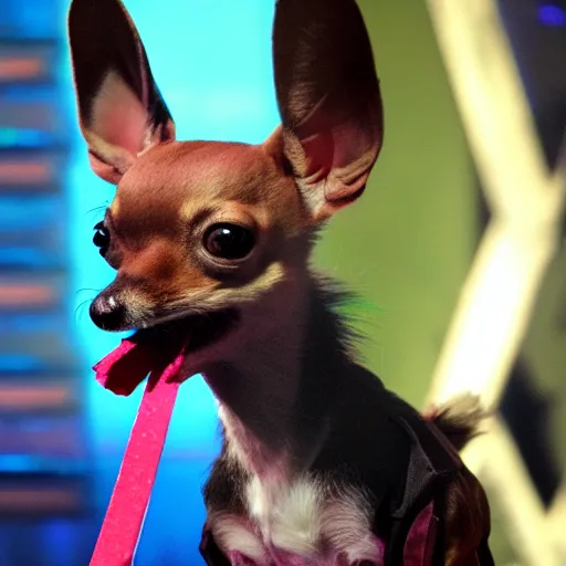 Image similar to deer head chihuahua rapping on stage. Photo.