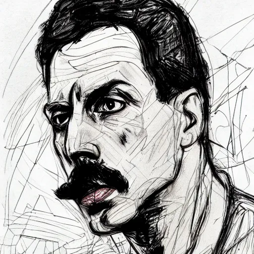 Image similar to a realistic yet scraggly portrait sketch of the side profile of a stern and sophisticated freddie mercury, trending on artstation, intricate details, in the style of frank auerbach, in the style of sergio aragones, in the style of martin ansin, in the style of david aja, in the style of mattias adolfsson