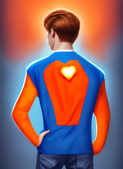 Image similar to friendly teenage archie andrews wearing an orange superhero costume with heart logo, heart, orange costume, blue cape, freckles, cape, heart emblem on chest, heart, blue cape, intricate, elegant, glowing lights, highly detailed, digital painting, artstation, sharp focus, illustration, art by wlop, mars ravelo and greg rutkowski