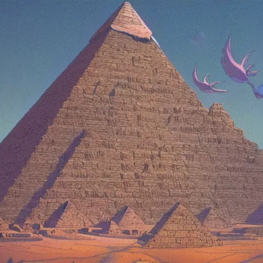 Prompt: ancient snow white pyramids. Cinematic lighting. Art by moebius