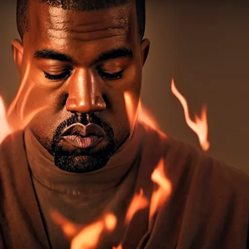 Image similar to cinematic film still of Kanye West starring as a Samurai holding fire, Japanese CGI, VFX, 2022, 40mm lens, shallow depth of field, film photography