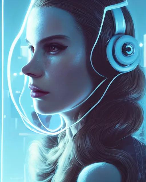 Image similar to portrait of lana del rey as a cyborg. intricate abstract. intricate artwork, by tooth wu, wlop, beeple, dan mumford. concept art, octane render, trending on artstation, greg rutkowski very coherent symmetrical artwork. cinematic, key art, hyper realism, high detail, octane render, 8 k, iridescent accents