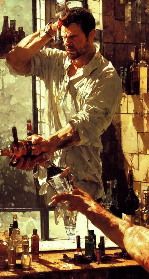 Image similar to close up of bloodied max payne pouring a drink, sun shining, photo realistic illustration by greg rutkowski, thomas kindkade, alphonse mucha, loish, norman rockwell.