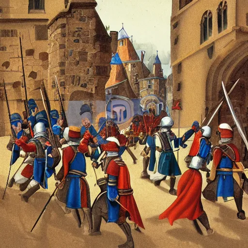 Image similar to line of renaissance soldiers in brightly colored uniforms with halberds as musketeers fire behind them, they are in a tight street surrounded by medieval stone buildings, dying earth, illustration, rpg