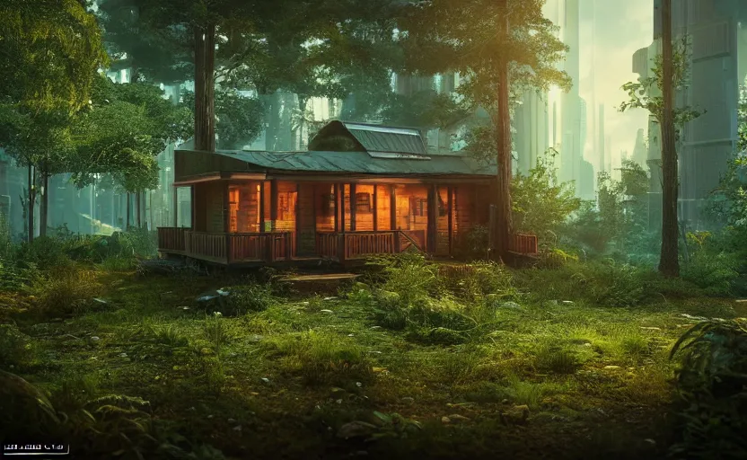 Image similar to photorealistic cyberpunk cabin in a lush forest. daylight. light fixtures. 8K. detailed. photorealism. artstation. 25mm f/1.7 ASPH Lens. ultra realistic