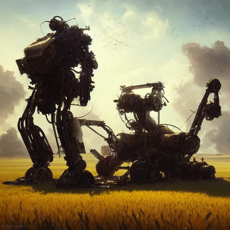 Image similar to greg rutkowski mech in a farmers field