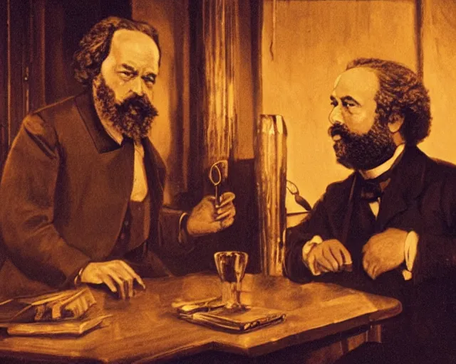 Image similar to karl marx chatting with aristotle in a bar, nighttime, noir, golden lights, calm feeling