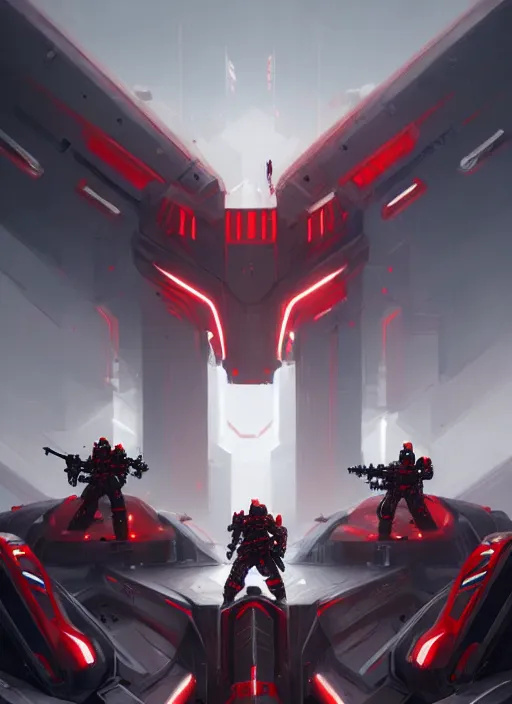 Prompt: a portrait of epic mechanical futuristic war army with red and white accent highly detailed, digital painting, concept art, smooth, sharp focus, illustration, art by greg rutkowski