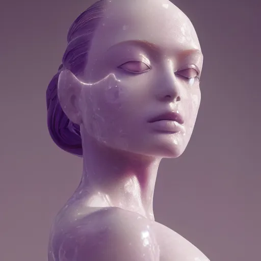 Prompt: abstract female sculpture made of white marble and amethyst crystals quartz, ethereal lights, fine details, artstation, film still, golden partciles flying in the air, cinematic photoshooting, luxury, golden filigree, octane render