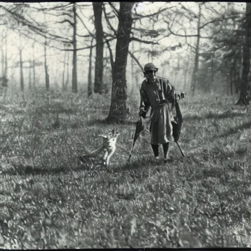 Image similar to humanoid fox doing fieldwork, 1910s film still