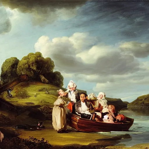 Image similar to cinnabun by jacob van ruisdael, by warren ellis, by charles spencelayh ultradetailed. the computer art of a group of well - dressed women & children enjoying a leisurely boat ride on a calm day. the women are chatting & laughing while the children play with a toy boat in the foreground.