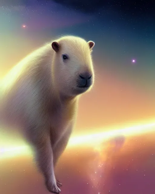 Image similar to a white capybara cruising the milky way, beautiful, agile, myth, legend, trending on artstation, light effects, john harris, kilian eng,, bastien lecouffe - deharme