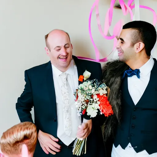 Image similar to a lovely gay wedding between a middle aged balding white man and a young skinny Latino man