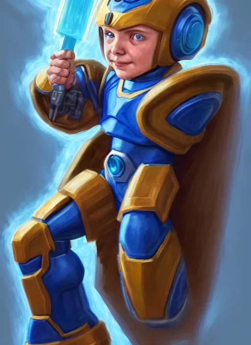 Image similar to Megaman as a fantasy D&D character, portrait art by Donato Giancola and James Gurney, digital art, RPG portrait, unreal 5, trending on artstation