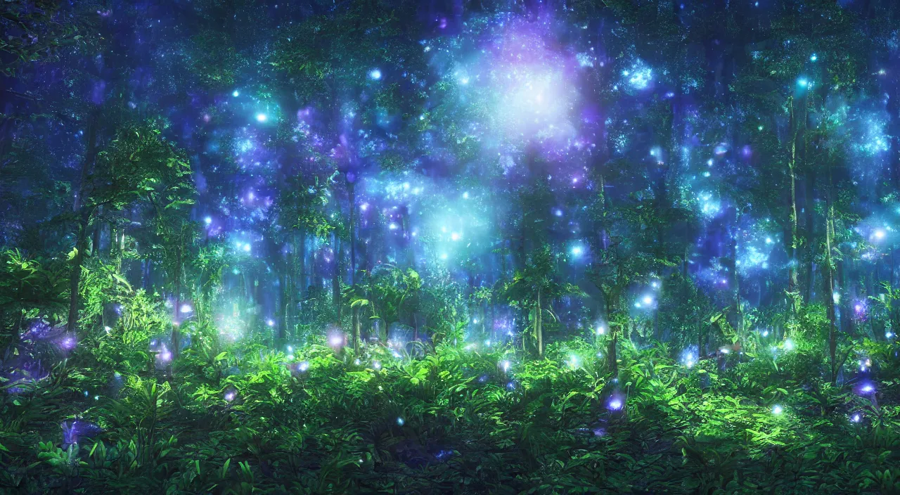 Image similar to A beautiful lush magic mana forest, night sky with dazzling stars, fairies, fireflies, bokeh, octane render, unreal engine, raytracing, crystallized, intricate, hyper detailed, light rays.