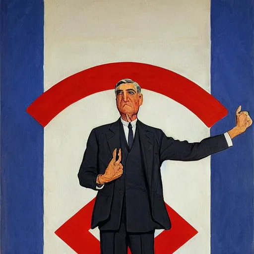 Image similar to socialist realist painting of robert mueller!!! standing with folded arms, disco elysium concept art by j. c. leyendecker and diego rivera