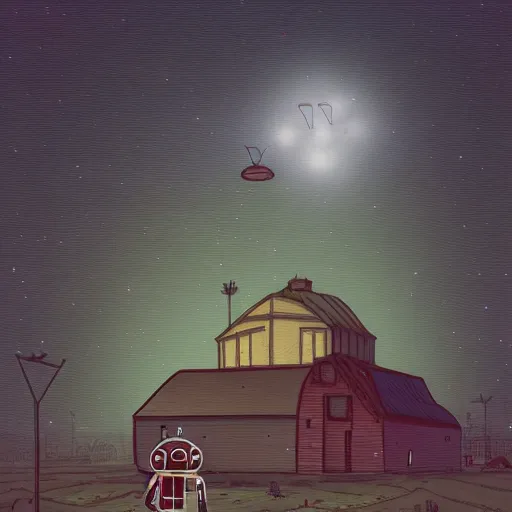 Image similar to metallic android carrying a sleeping child, background of farmland, buildings on fire, no blur, very detailed, nighttime, in the style of Simon Stalenhag