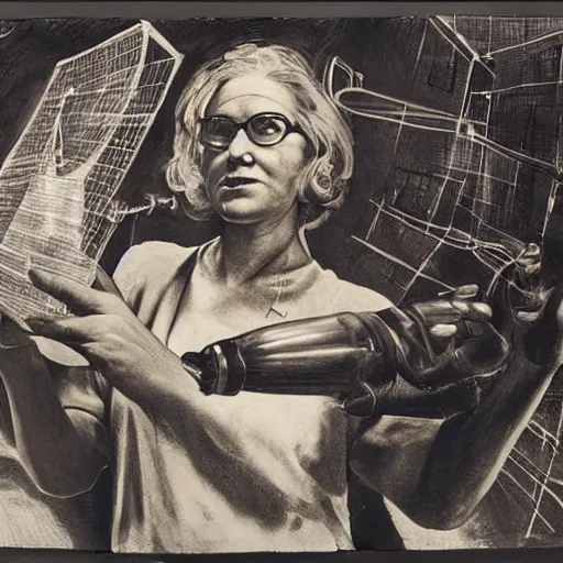 Prompt: A conceptual art. A rip in spacetime. Did this device in her hand open a portal to another dimension or reality?! by Reginald Marsh, by Tony Conrad defined, exciting