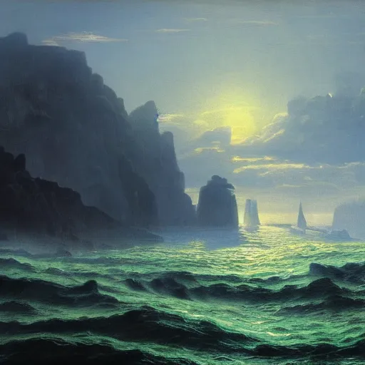 Prompt: a beautiful detailed landscape matte painting of blue ocean, by caspar david friedrich, trending on artstation