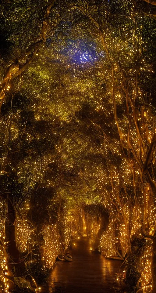 Image similar to a winding pathway through lothlorien, illuminated by an otherworldly glow