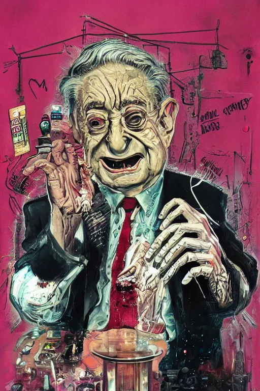 Image similar to George Soros full body shot, dollar bills Body horror, biopunk, by Ralph Steadman, Francis Bacon, Hunter S Thompson