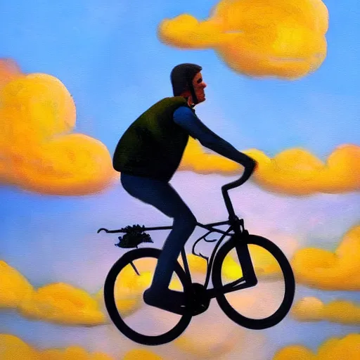 Image similar to A man riding his bicycle through the clouds in the sky, evokes feelings of wonder and amazement, an expressive oil painting by Wes Wilson