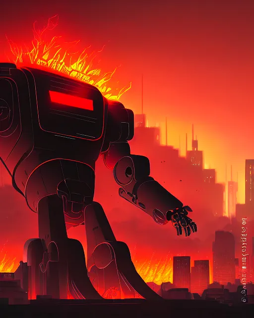 Prompt: giant robot with ominously glowing red eyes stands on top of city that is on fire, concept art, intricate details, highly detailed, in the style of pascal blanche