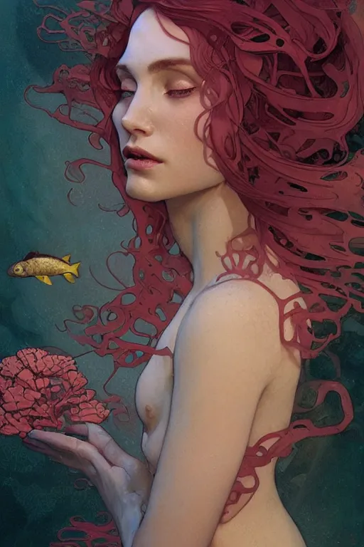 Image similar to profile portrait of a beautiful mysterious woman underwater, hidden hands holding a bouquet of flowers, corals and fish, by eve ventrue, michael carson, andreas rochas, john watkiss, casey weldon, artgerm. art nouveau. tarot card by mucha. gloomhaven. swirly intricate linework background. gaudy colors, sharp edges. octane render