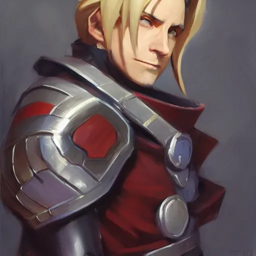 Image similar to greg manchess portrait painting of edward elric as overwatch character, medium shot, asymmetrical, profile picture, organic painting, sunny day, matte painting, bold shapes, hard edges, street art, trending on artstation, by huang guangjian and gil elvgren and sachin teng