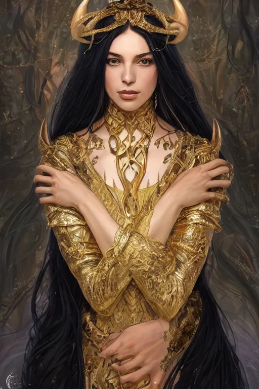 Prompt: fullbody!! of a beautiful woman with long black hair, big natural horns on her head, long flowing intricate dress, gold jewellery, dnd, face, fantasy, intricate, elegant, highly detailed, digital painting, artstation, concept art, smooth, sharp focus, illustration, art by artgerm and greg rutkowski and alphonse mucha