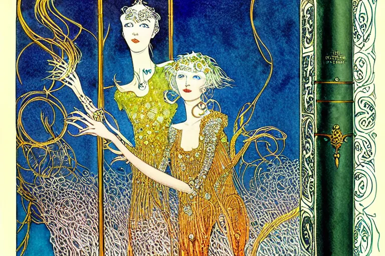 Prompt: front of a leather bound book with metal latches and crystals art by kay nielsen and walter crane, illustration style, watercolor