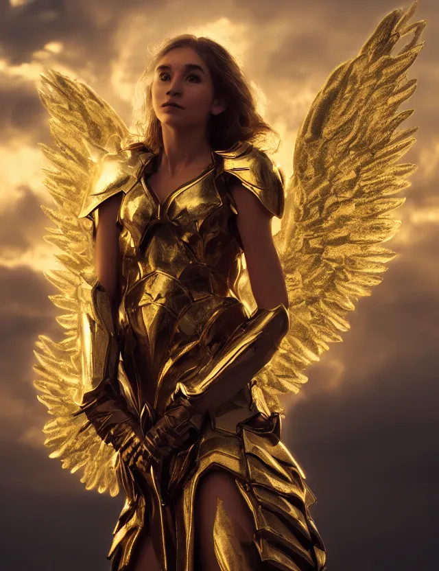 Image similar to Portrait of a fierce beautiful woman in glowing angelic battle armor and wings, among the clouds, golden hour photography, cinematic, epic, 4k, stylized, hyper realistic